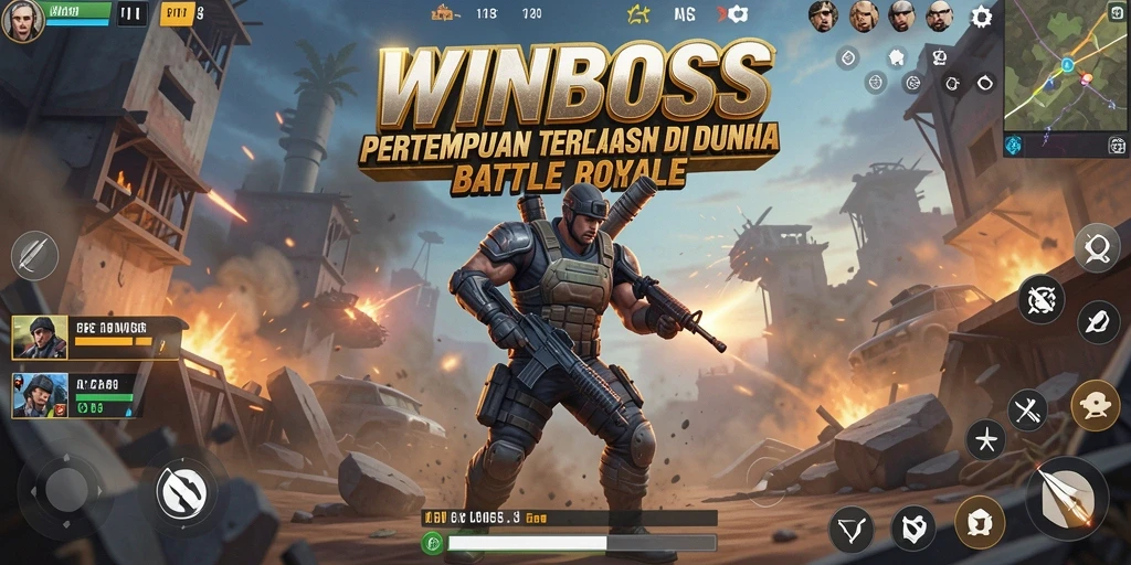 Screenshot gameplay WINBOSS menunjukkan pertempuran sengit di arena Battle Royale.